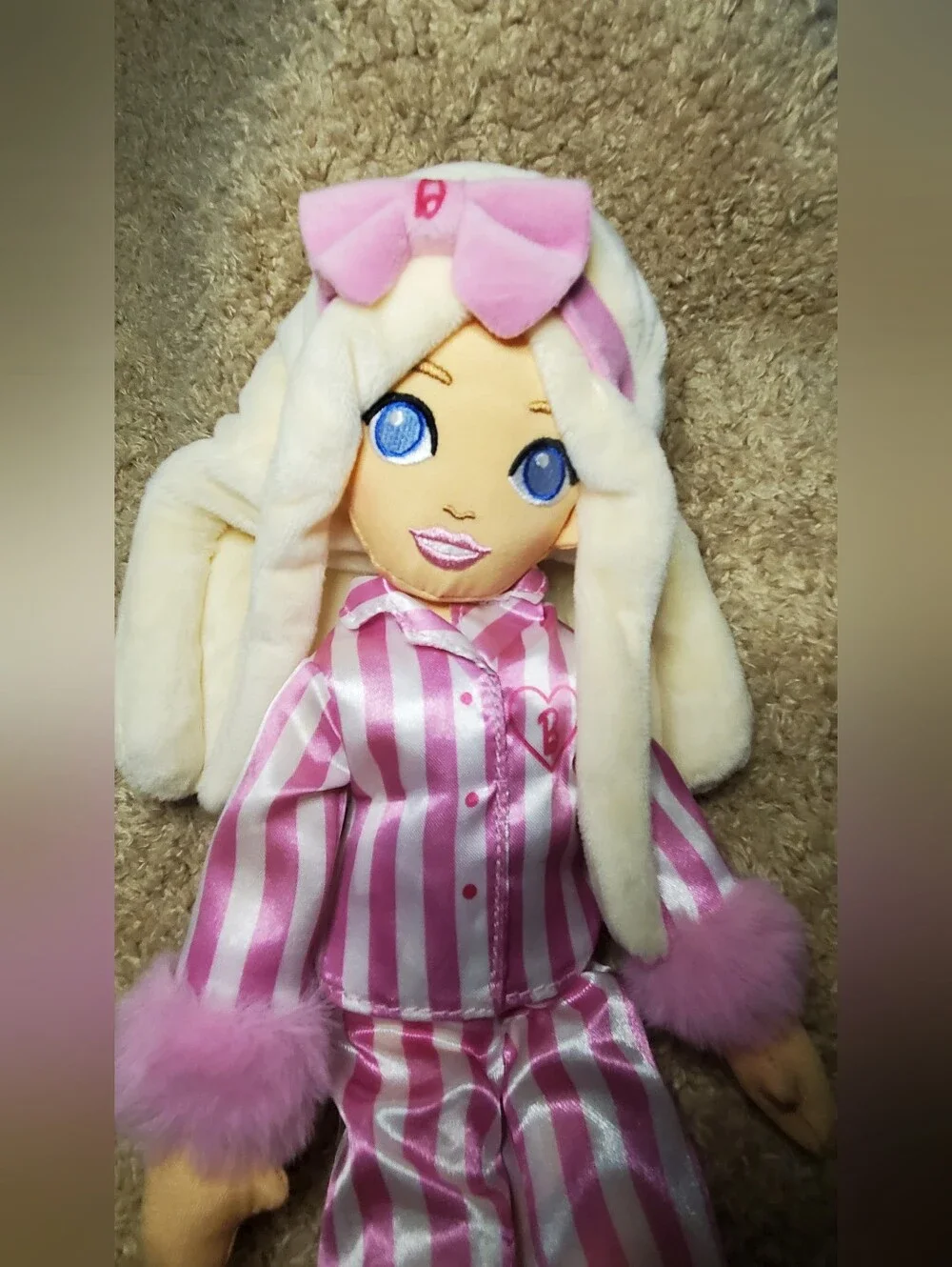 Barbie Pink & White Striped Pajama Plush Doll with Bow 13.5
